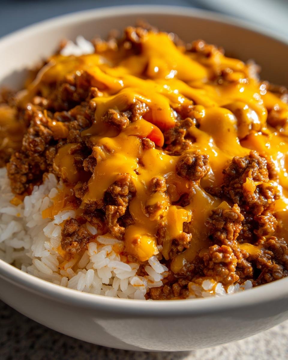 Close-up of a bowl filled with white rice topped with seasoned ground beef and melted cheddar cheese, representing One Pot Cajun Beef Cheddar.