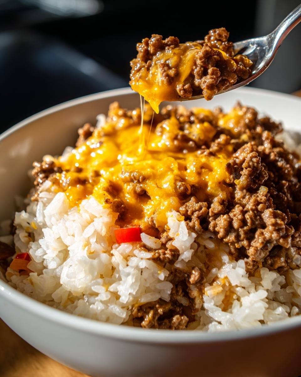 A spoonful of One Pot Cajun Beef Cheddar with melted cheese being lifted from a bowl of white rice.