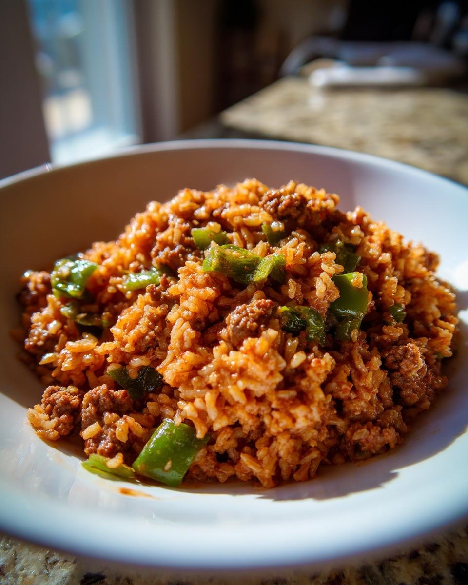 A close-up shot of a bowl filled with flavorful One Pot Dirty Rice mixed with ground meat and chunks of green bell pepper.