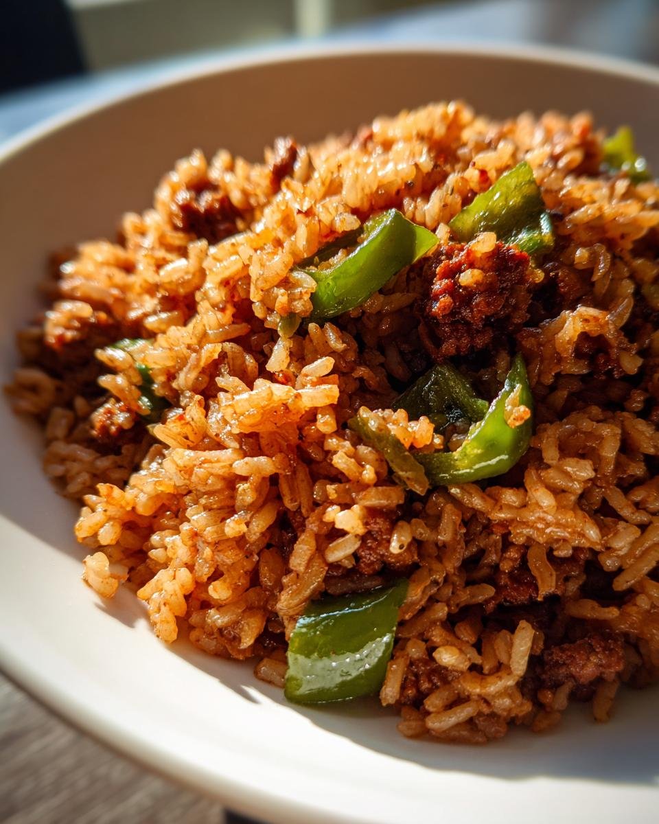 A close-up shot of rich, brown One Pot Dirty Rice mixed with ground meat and bright green bell pepper slices in a white bowl.