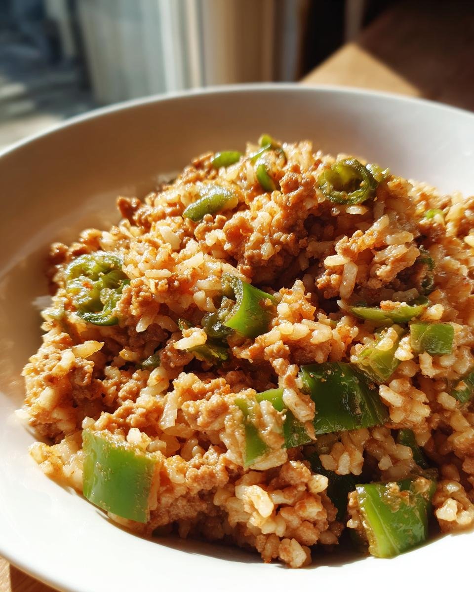 A close-up of a bowl filled with flavorful One Pot Dirty Rice mixed with ground meat and bright green sliced peppers.
