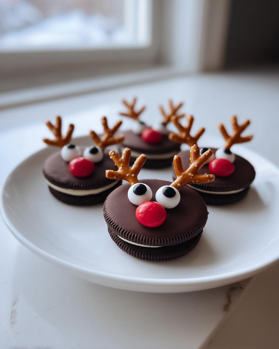 Several finished Oreo Reindeer Cookies decorated with pretzel antlers, candy eyes, and red noses, sitting on a white plate.