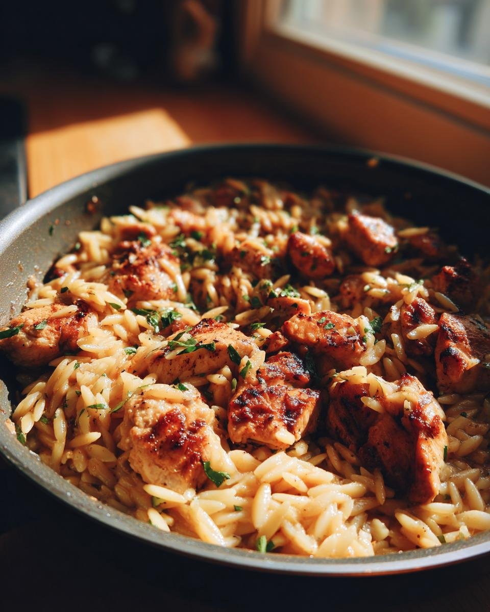 Close-up of pan-fried, seasoned chicken pieces mixed with orzo pasta, garnished with parsley.