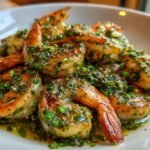A close-up, mouthwatering shot of perfectly cooked Pan Seared Chimichurri Shrimp glistening in a vibrant green herb sauce.