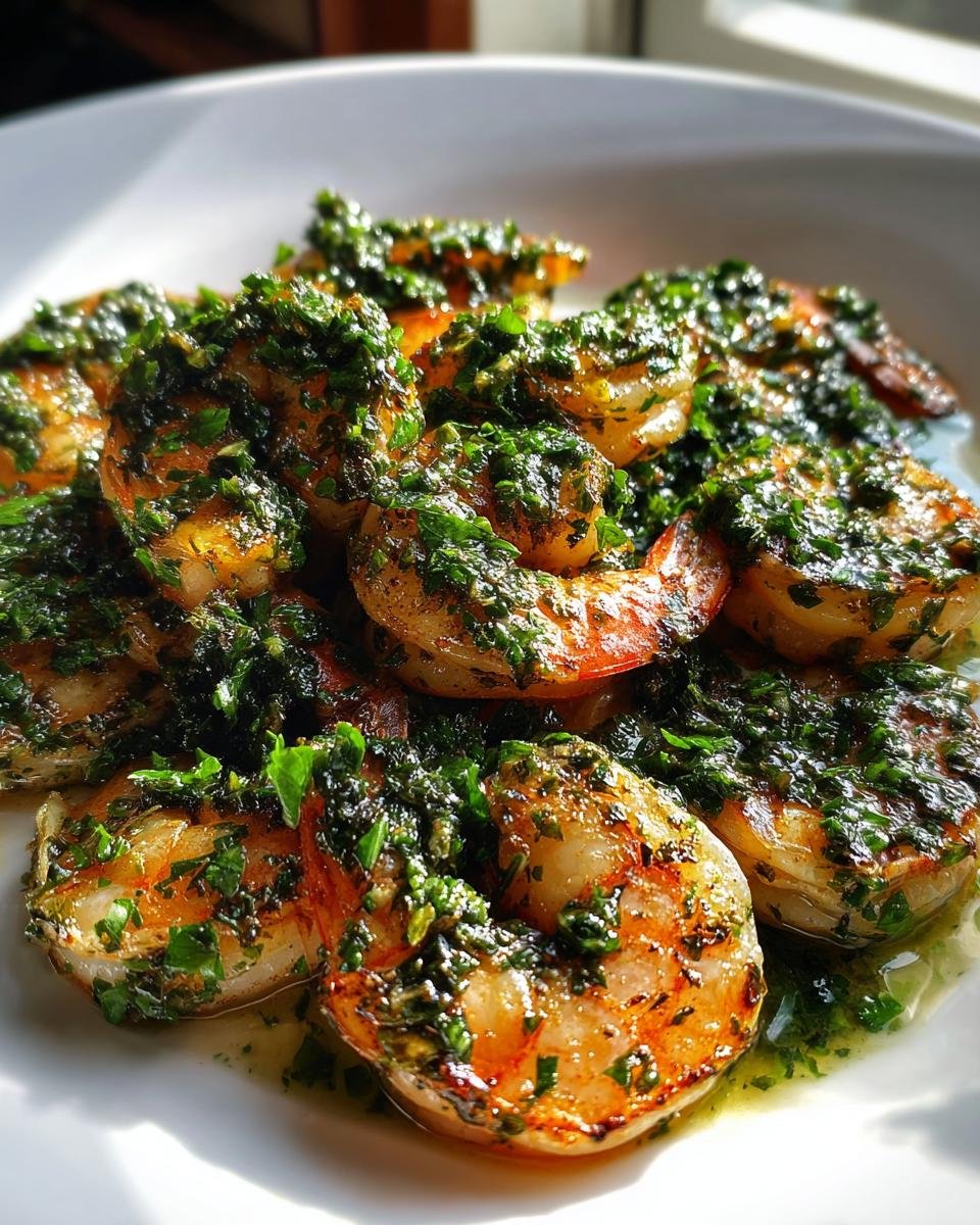 Close-up of perfectly cooked Pan Seared Chimichurri Shrimp generously topped with bright green herb sauce.