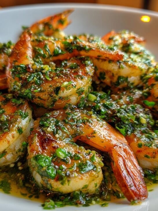 A close-up, mouthwatering shot of perfectly cooked Pan Seared Chimichurri Shrimp glistening in a vibrant green herb sauce.