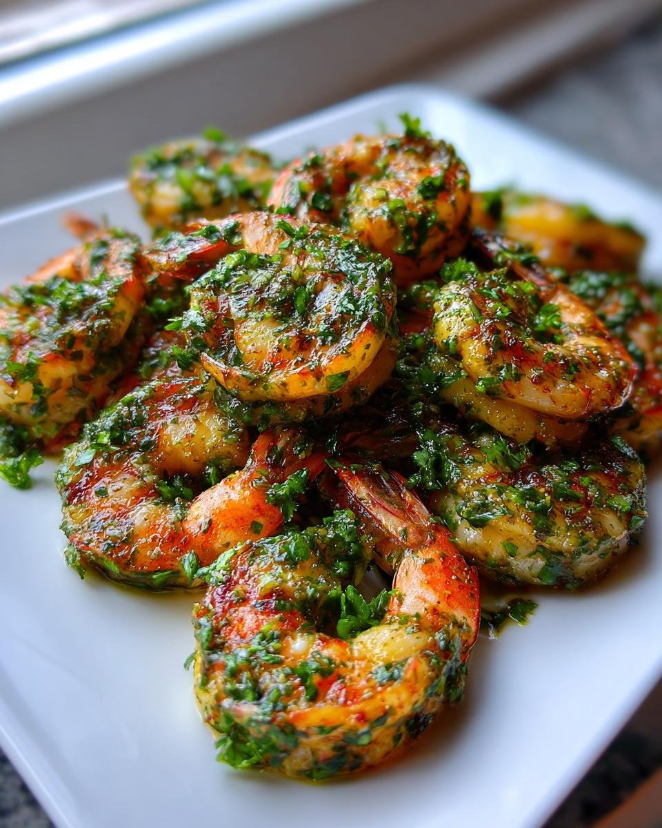 Close-up of perfectly cooked Pan Seared Chimichurri Shrimp piled on a white plate, glistening with green herb sauce.