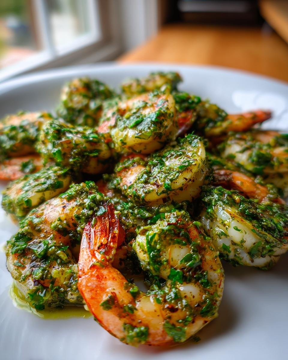 Close-up of juicy Pan Seared Chimichurri Shrimp piled high on a white plate, glistening with green sauce.