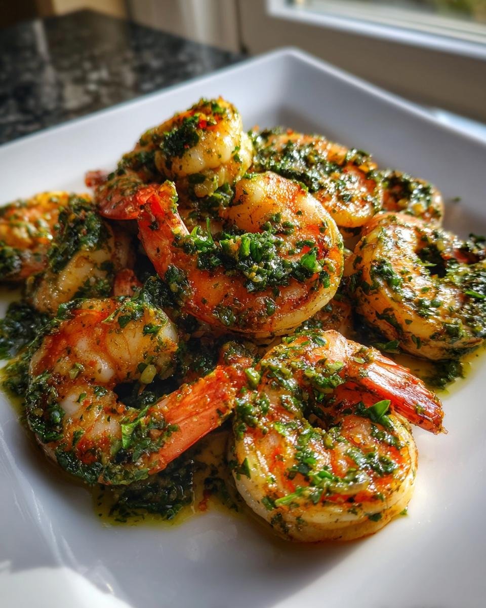 Close-up of juicy Pan Seared Chimichurri Shrimp piled on a white plate, glistening with green herb sauce.