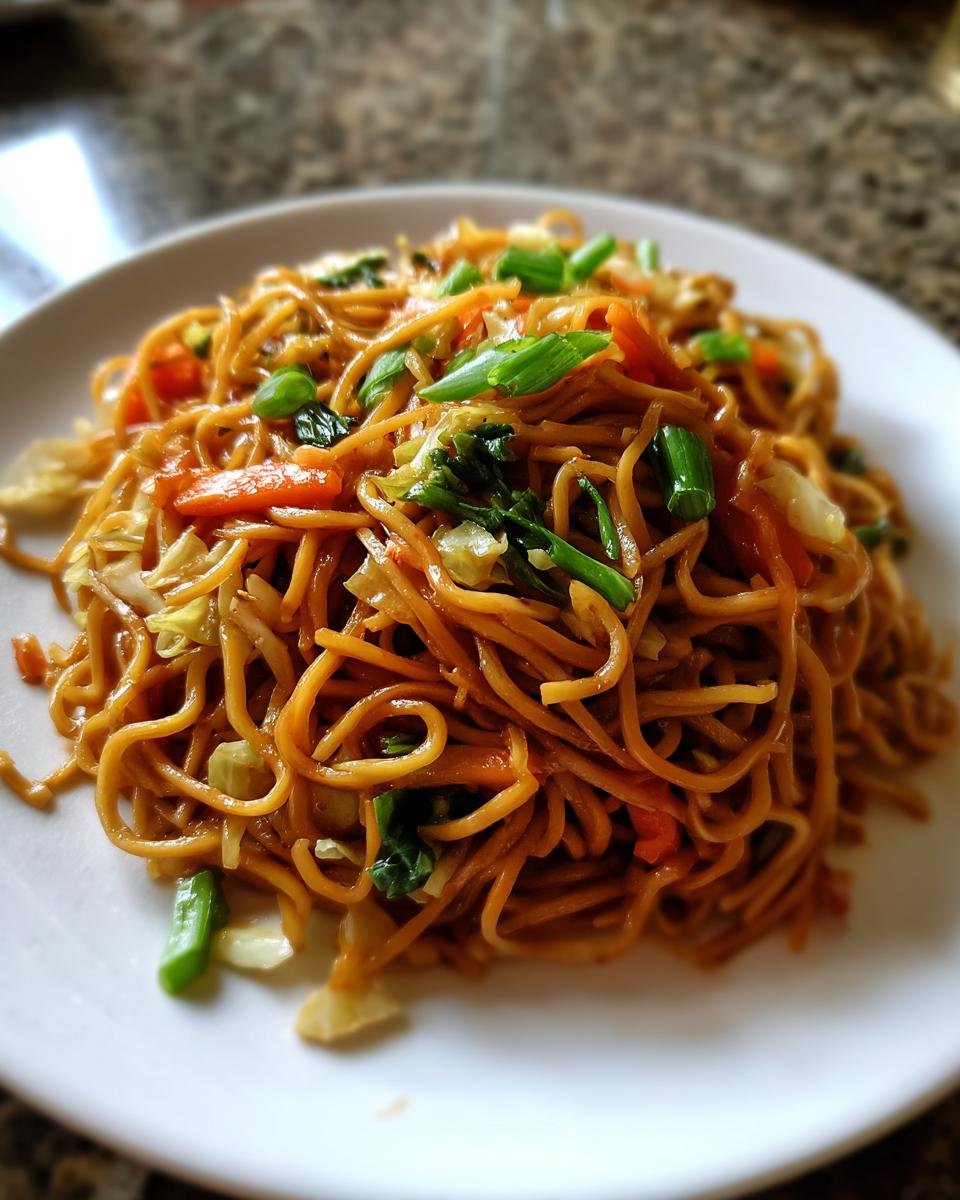 A close-up of a generous serving of homemade Panda Express Chow Mein noodles mixed with shredded cabbage and carrots, topped with green onions.