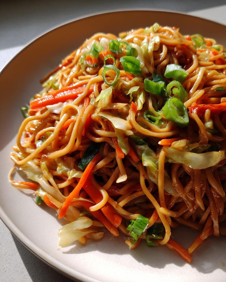 A close-up serving of glossy, saucy Panda Express Chow Mein noodles mixed with shredded carrots and cabbage, topped with green onions.