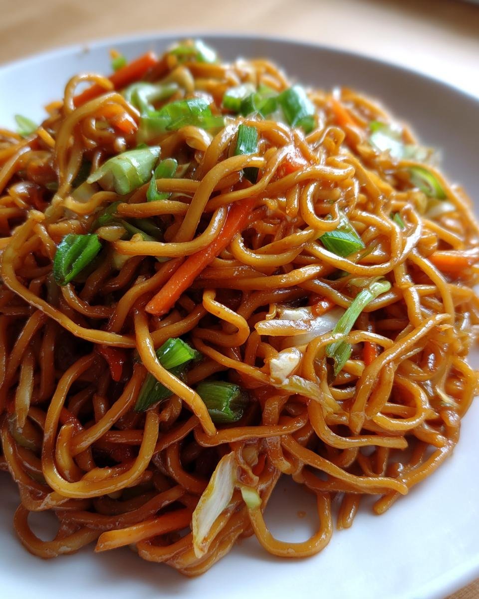 A close-up shot of glossy, brown noodles mixed with shredded carrots and cabbage, topped with green onions, resembling Panda Express Chow Mein.