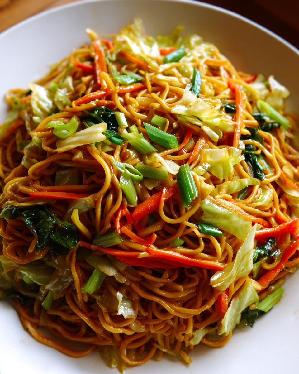 A close-up shot of a generous serving of homemade Panda Express Chow Mein, featuring stir-fried noodles, cabbage, carrots, and green onions.