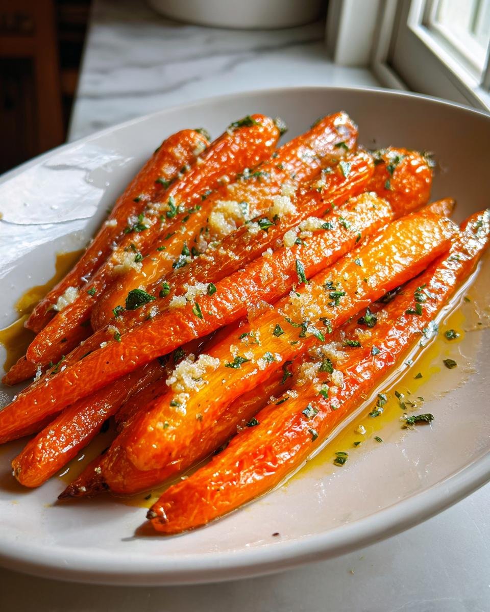 Close-up of glossy, bright orange Parmesan Garlic Roasted Carrots topped with minced garlic and parsley.
