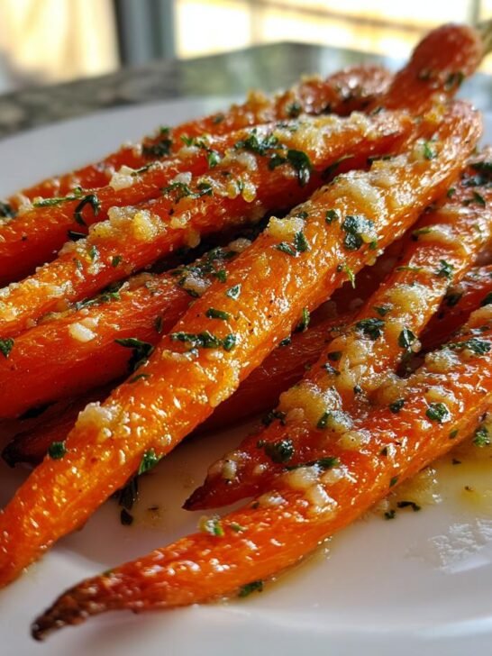 Close-up of roasted carrots topped with Parmesan cheese, garlic, and parsley, showcasing Parmesan Garlic Roasted Carrots.