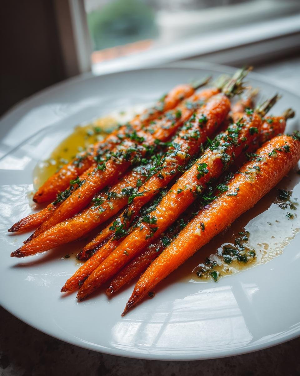 A close-up of roasted Parmesan Garlic Carrots drizzled with butter and fresh parsley on a white plate.