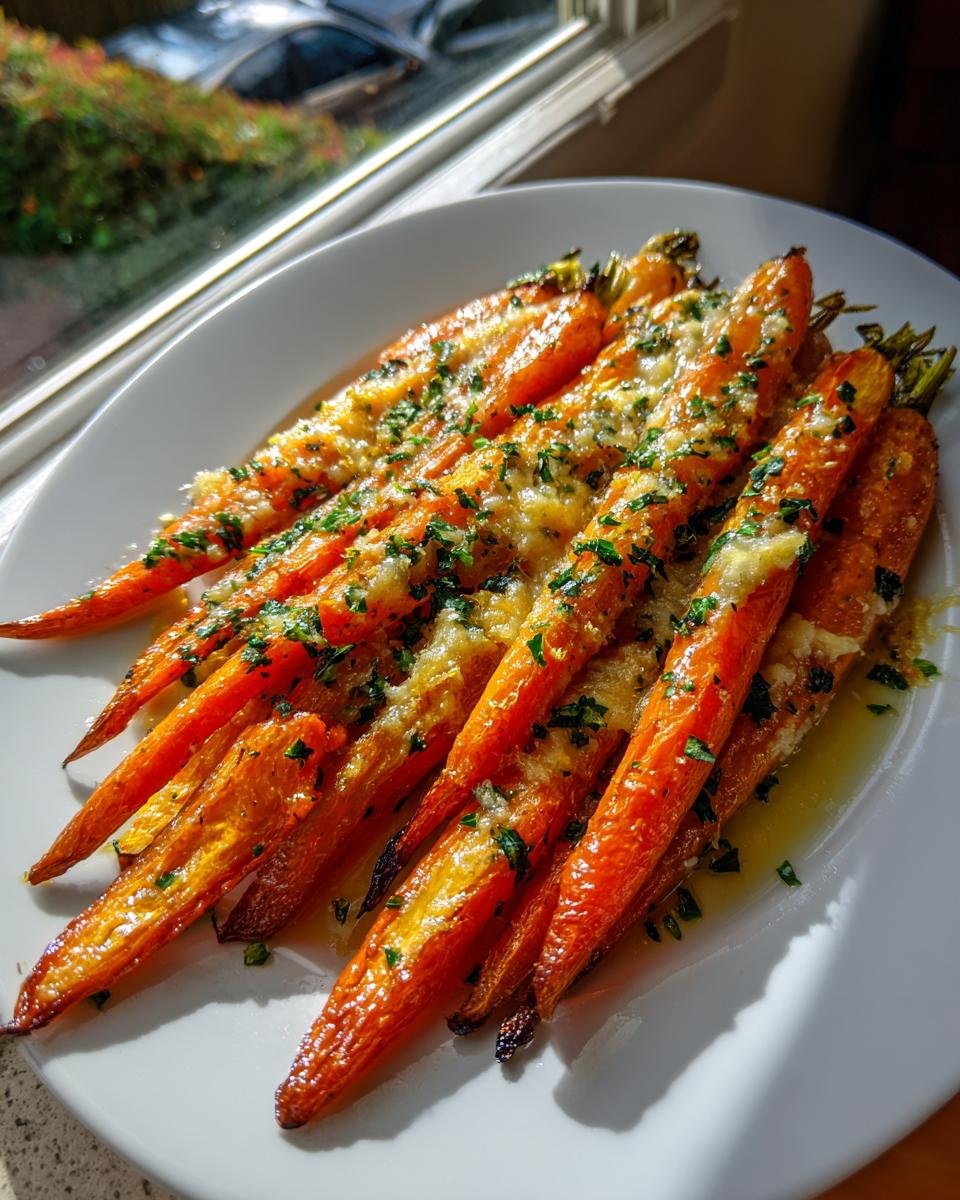 Close-up of roasted carrots topped with melted Parmesan cheese and fresh parsley, our Parmesan Garlic Roasted Carrots.