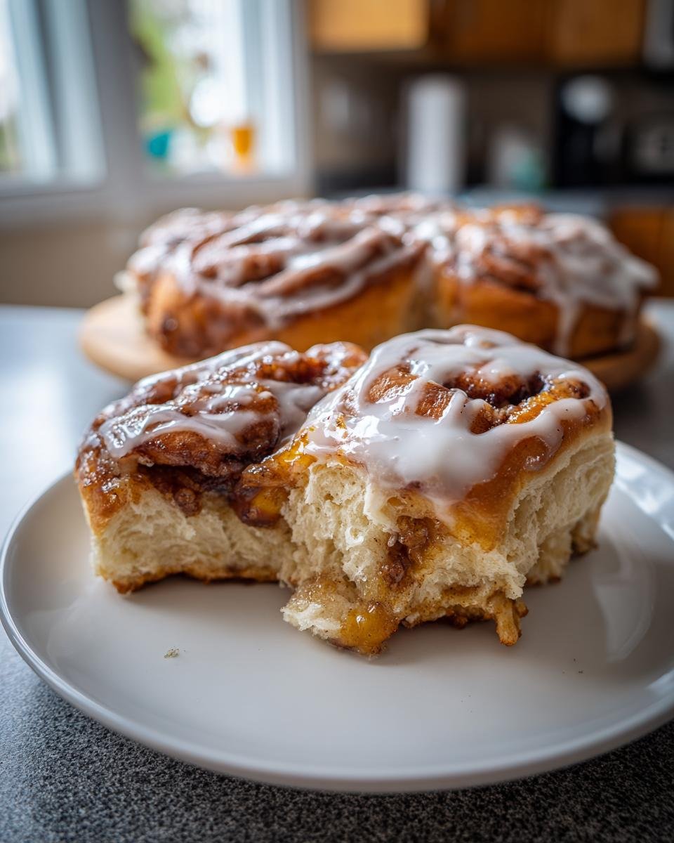 Two halves of a soft, gooey Peach Cobbler Cinnamon Roll drizzled with white icing on a white plate.