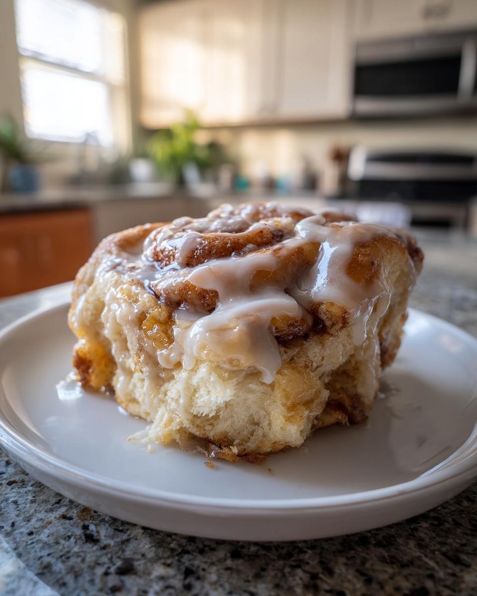 A single, fluffy Peach Cobbler Cinnamon Rolls generously topped with white glaze, resting on a white plate.