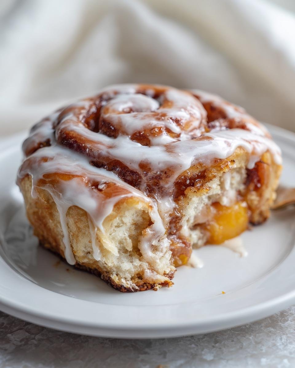 A close-up of a soft Peach Cobbler Cinnamon Rolls, drizzled generously with white icing, showing a bite taken out revealing peach filling.
