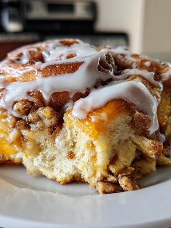 A close-up of a single, gooey Peach Cobbler Cinnamon Rolls drizzled generously with white vanilla icing.