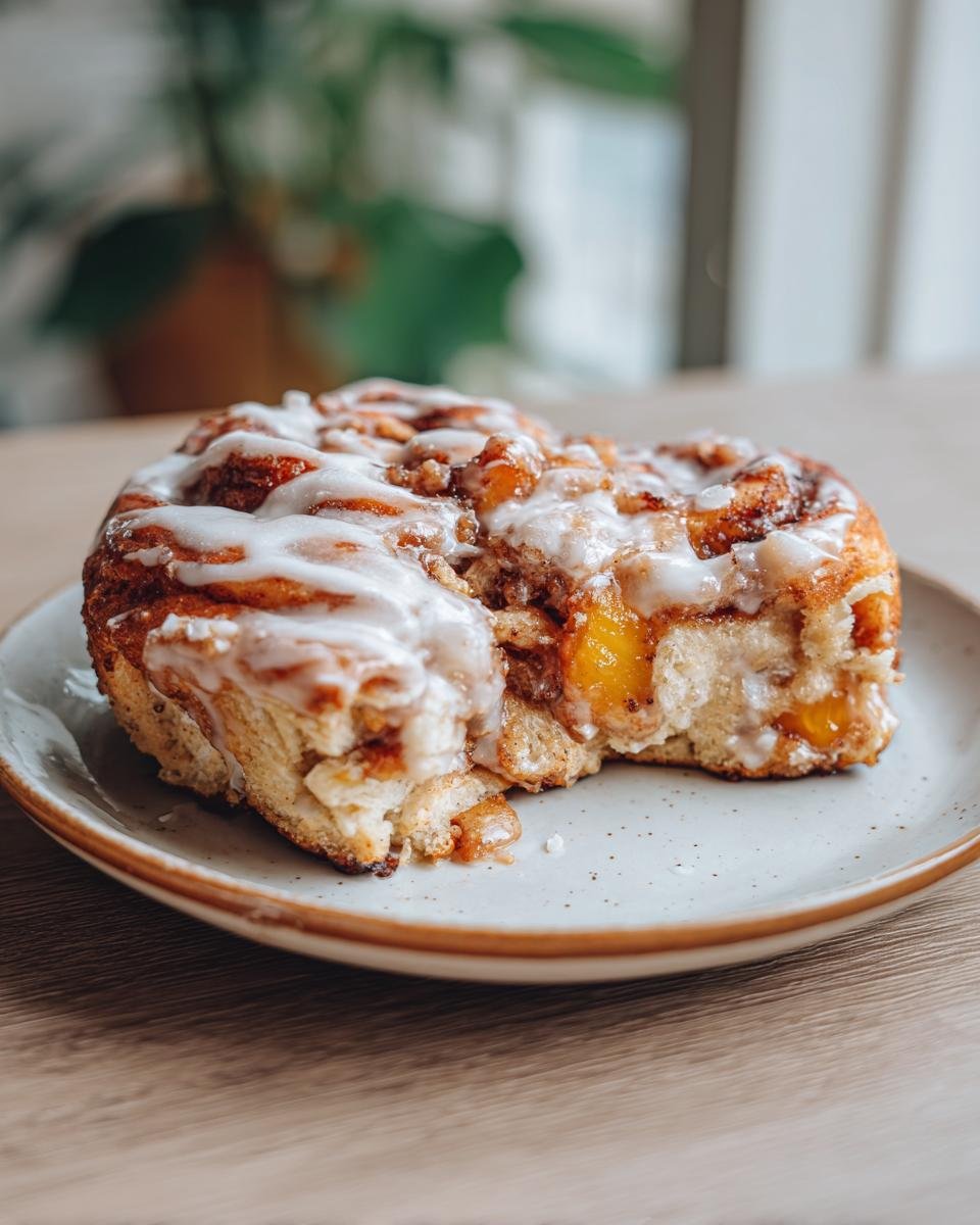 A close-up of a soft Peach Cobbler Cinnamon Rolls slice on a speckled plate, drizzled with white icing.