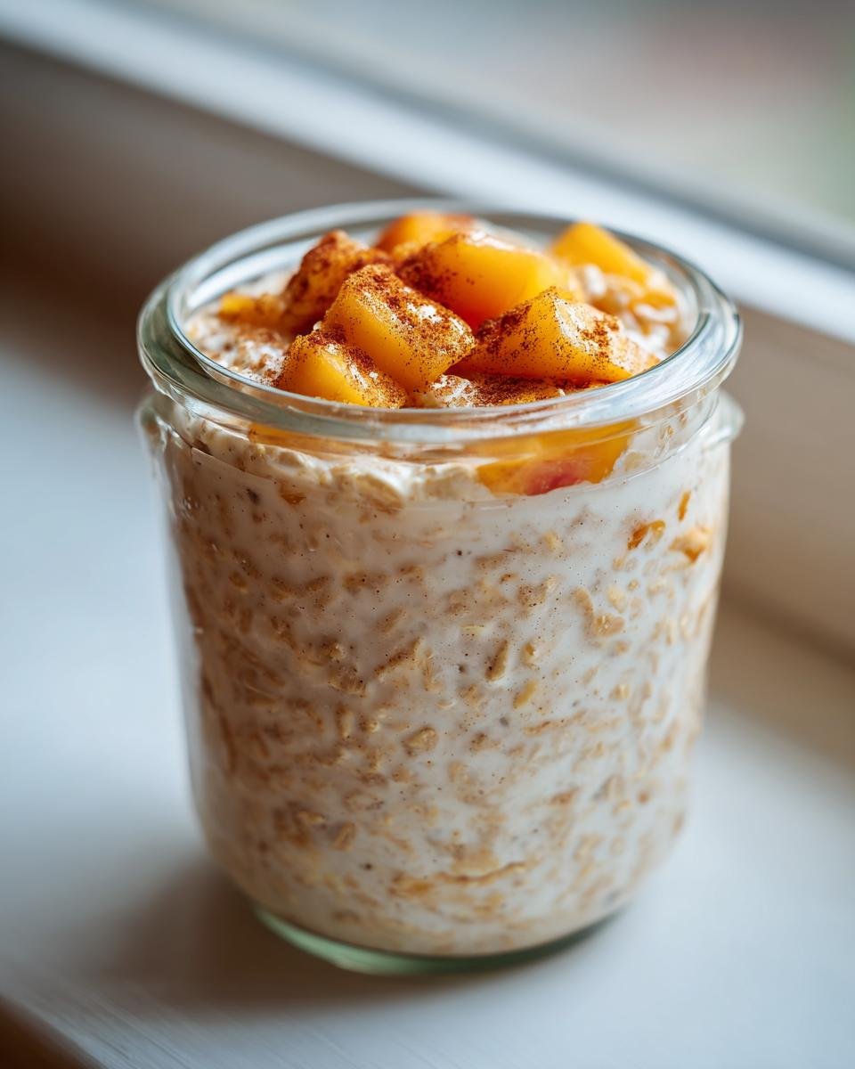 Close-up of Peach Cobbler Overnight Oats Recipe in a glass jar, topped with diced peaches and cinnamon.