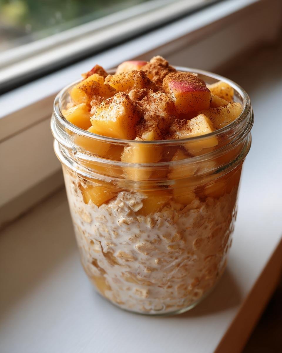 A glass jar filled with creamy Peach Cobbler Overnight Oats Recipe, topped with diced peaches and cinnamon.