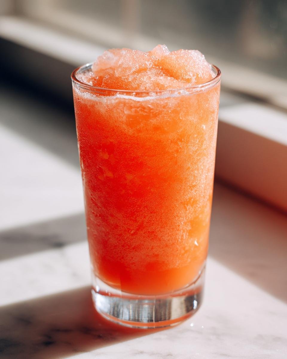 A tall glass filled with bright orange Peach Lemonade Slush, topped with shaved ice.