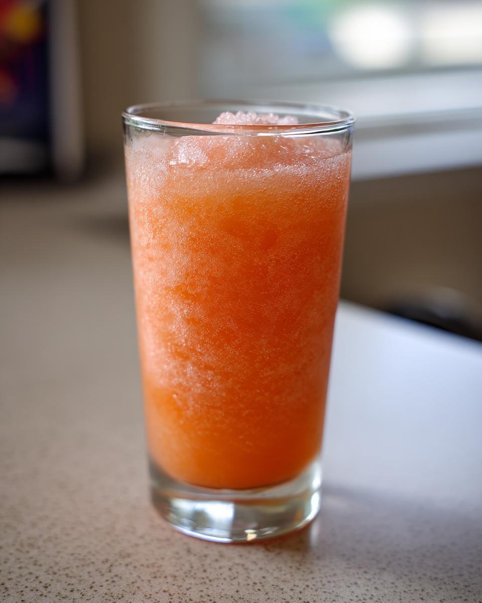 A tall glass filled with bright orange Peach Lemonade Slush, showing crushed ice texture.
