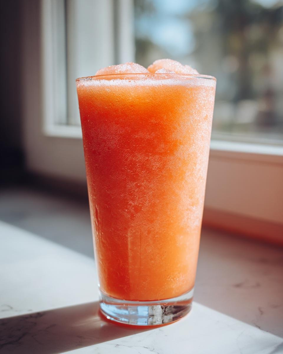 A tall glass filled with a bright orange, icy Peach Lemonade Slush, sitting near a sunlit window.