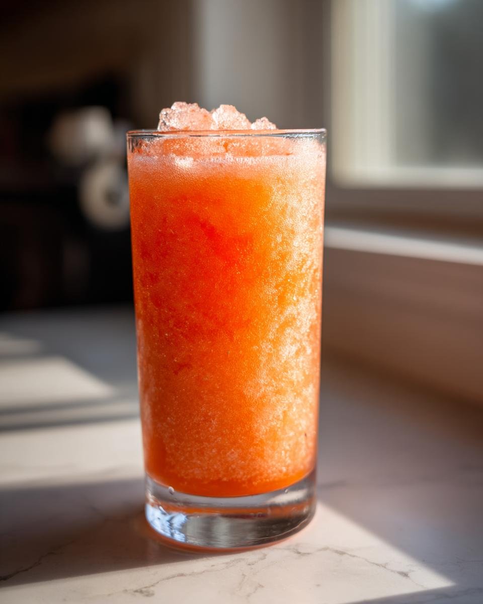 A tall glass filled with bright orange Peach Lemonade Slush, topped with crushed ice, sitting on a marble counter.