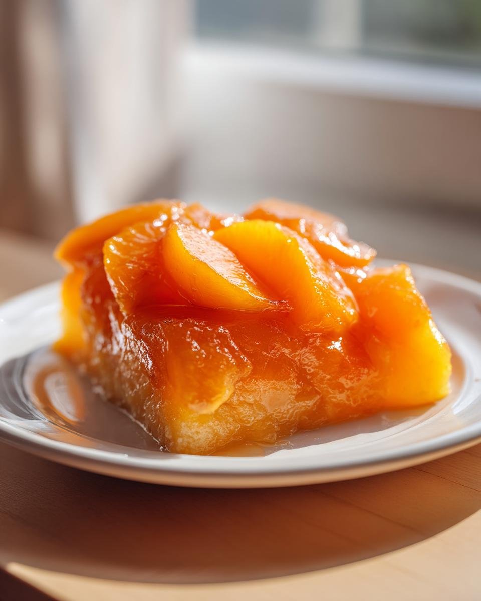 A serving of glistening, bright orange Peach Pie Filling with sliced peaches on a small white plate.
