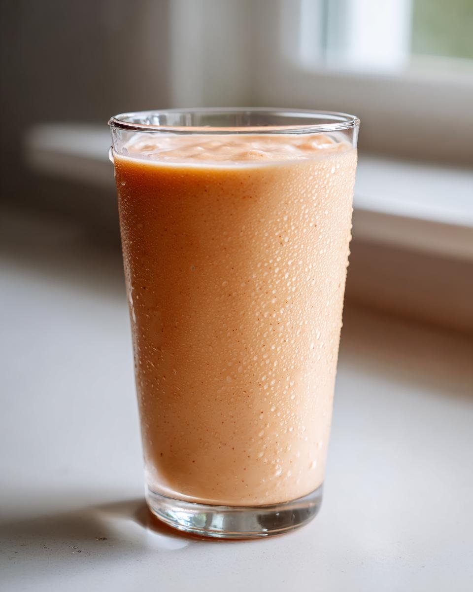 A tall glass filled with a cold, creamy Peach Yogurt Smoothie, showing condensation droplets on the exterior.