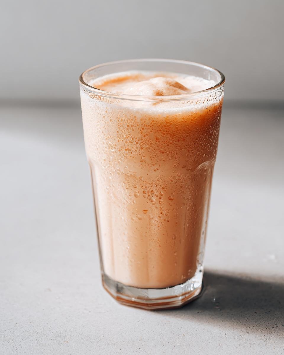 A tall glass filled with a cold, frothy Peach Yogurt Smoothie, showing condensation on the glass.