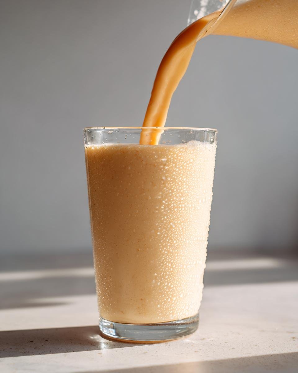 Close-up of a thick, orange Peach Yogurt Smoothie being poured from a pitcher into a tall, condensation-covered glass.