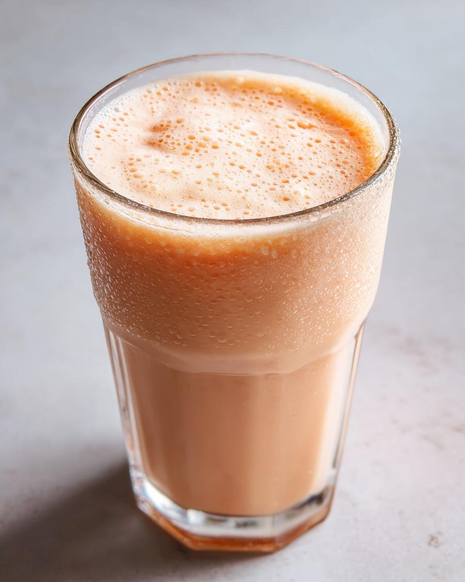 A tall, chilled glass filled with a frothy, orange-hued Peach Yogurt Smoothie, showing condensation droplets.