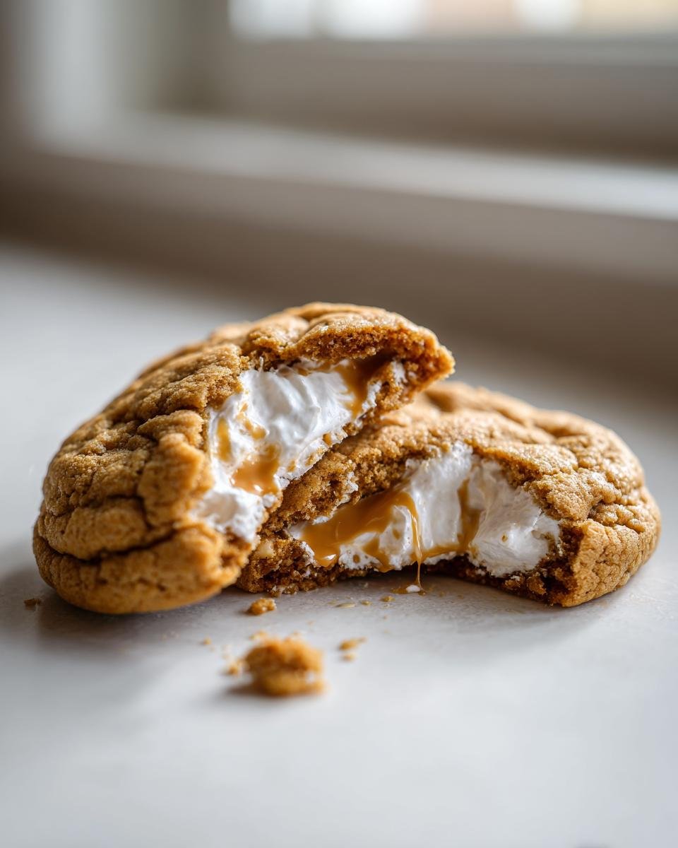 A Peanut Butter Marshmallow Cookies, cut in half revealing melted marshmallow and caramel filling.