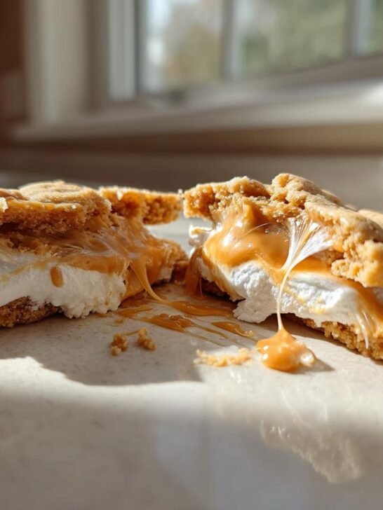 A Peanut Butter Marshmallow Cookies sandwich broken in half, showing melted marshmallow and gooey peanut butter filling stretching between the halves.