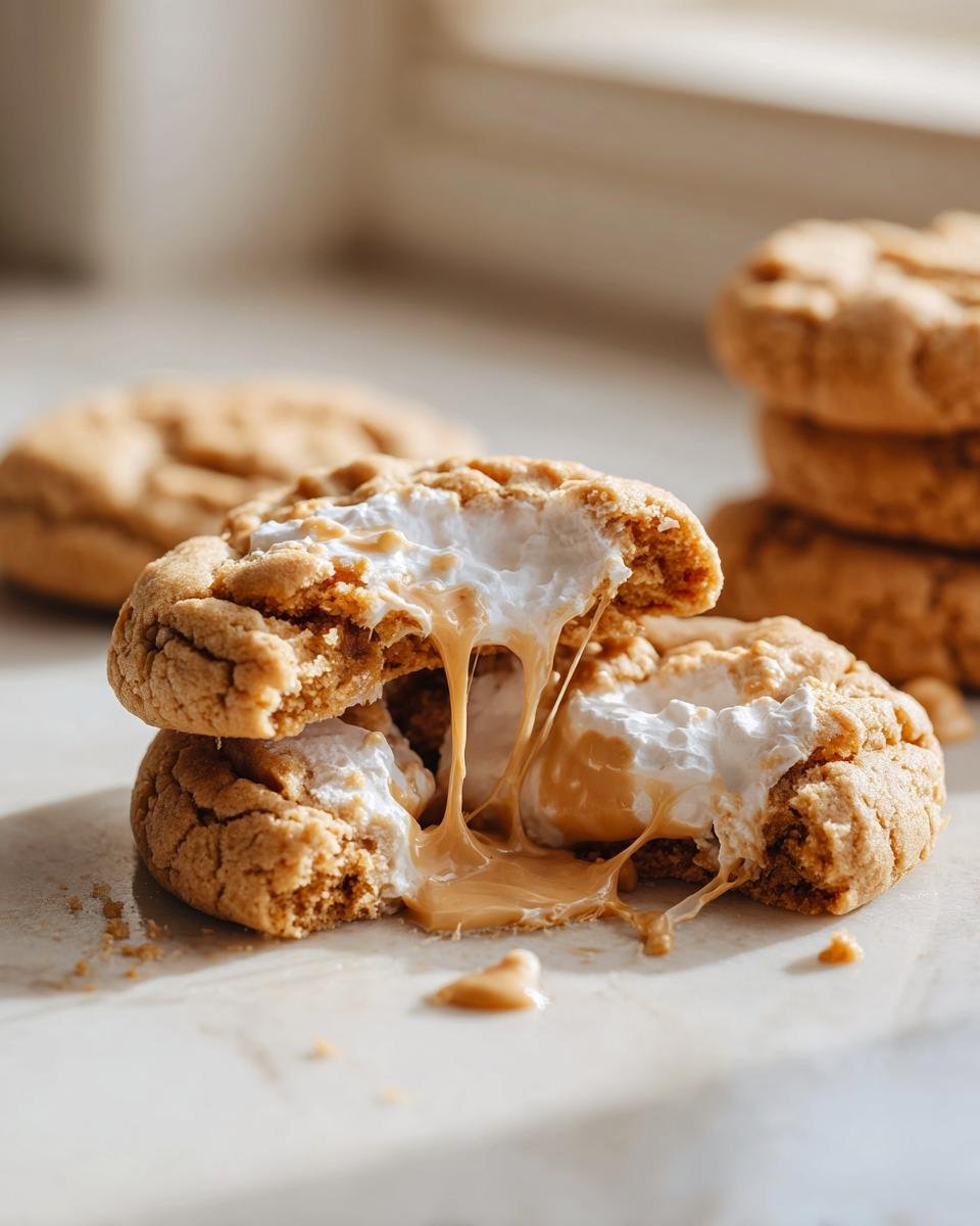 Close-up of Peanut Butter Marshmallow Cookies broken in half, showing melted marshmallow and peanut butter filling.