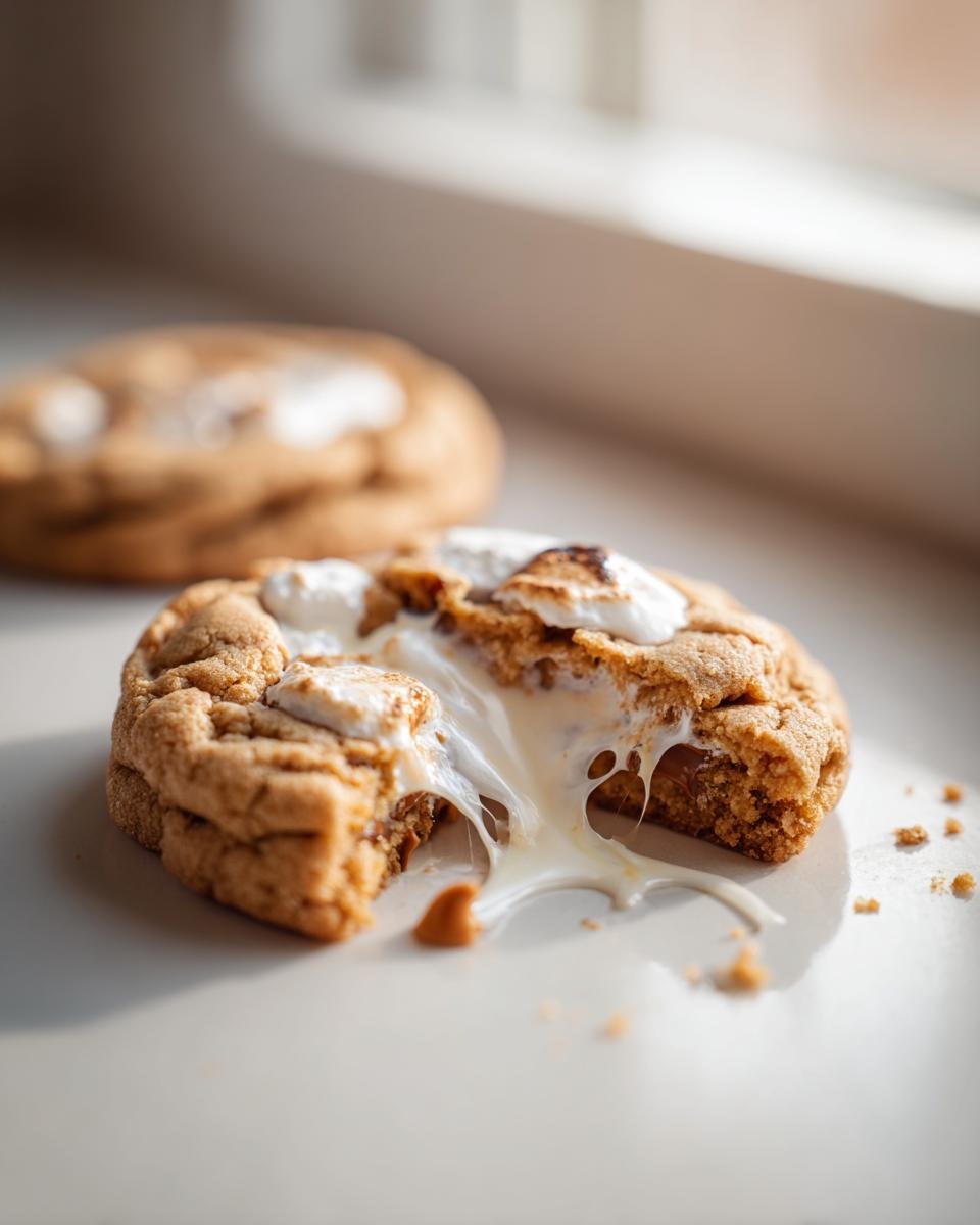 Close-up of a Peanut Butter Marshmallow Cookie broken in half showing melted, stretching marshmallow filling.