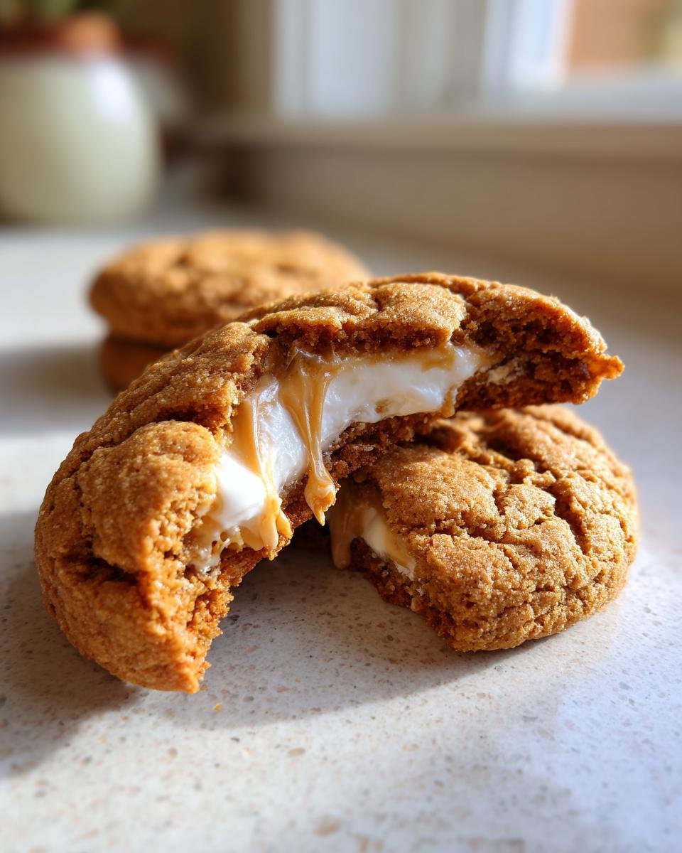 Close-up of a Peanut Butter Marshmallow Cookies broken in half showing melted marshmallow and peanut butter filling.