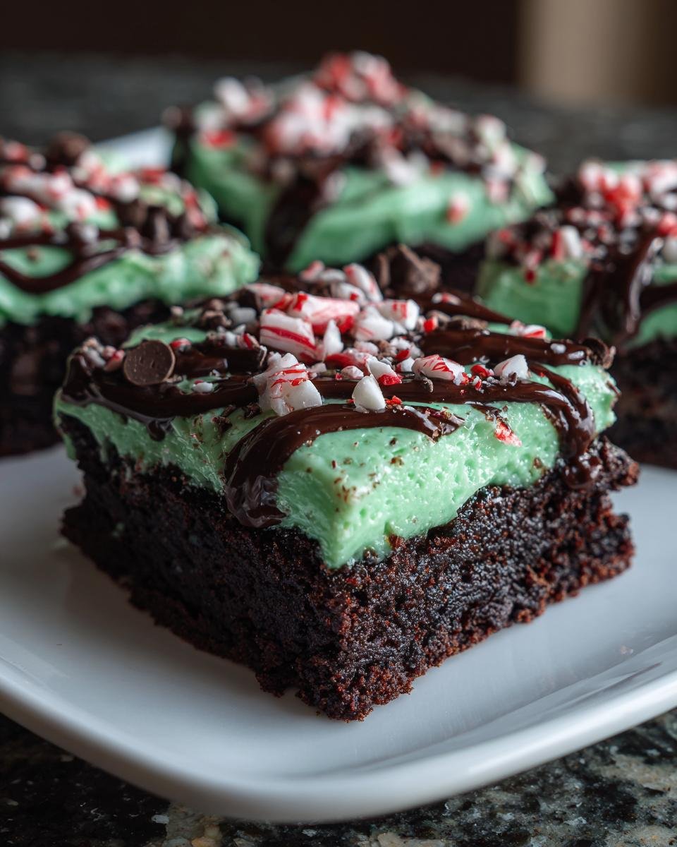 A rich, fudgy Peppermint Hot Chocolate Brownies slice topped with mint frosting, chocolate drizzle, and crushed candy canes.