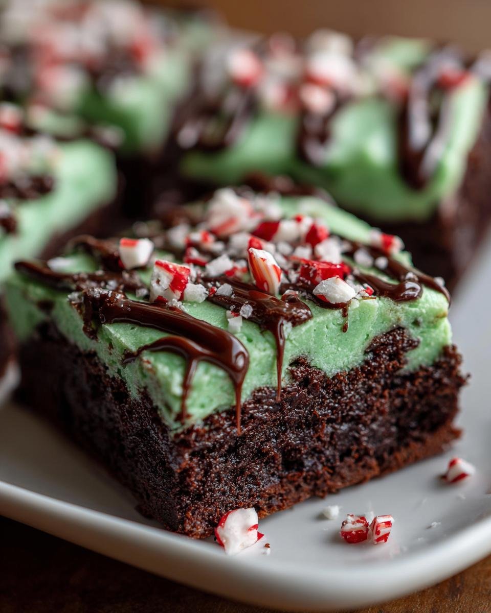 A close-up of a rich chocolate brownie topped with mint green frosting, chocolate drizzle, and crushed peppermint candies, featuring the Peppermint Hot Chocolate Brownies.