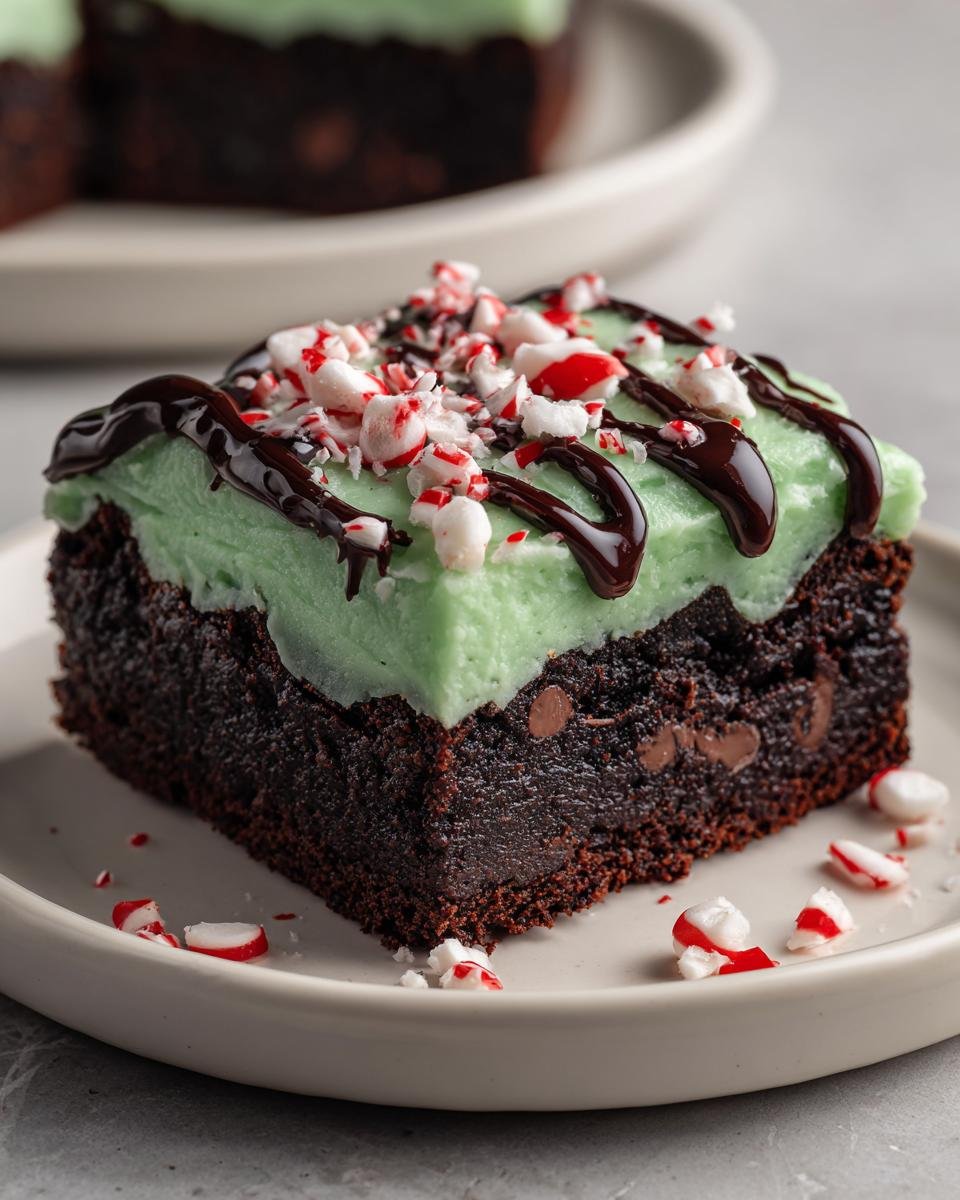 A rich, dark square of Peppermint Hot Chocolate Brownies topped with mint frosting and crushed candy canes.