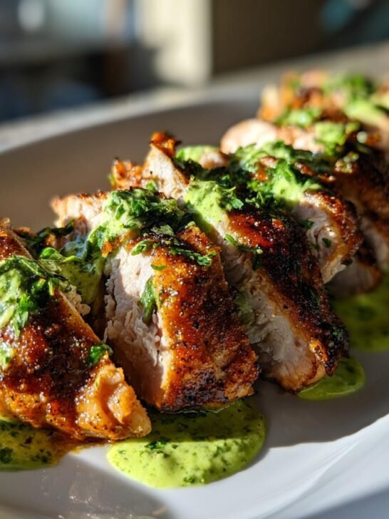 Close-up of sliced, perfectly cooked Peruvian Chicken With Green Sauce drizzled over the top.