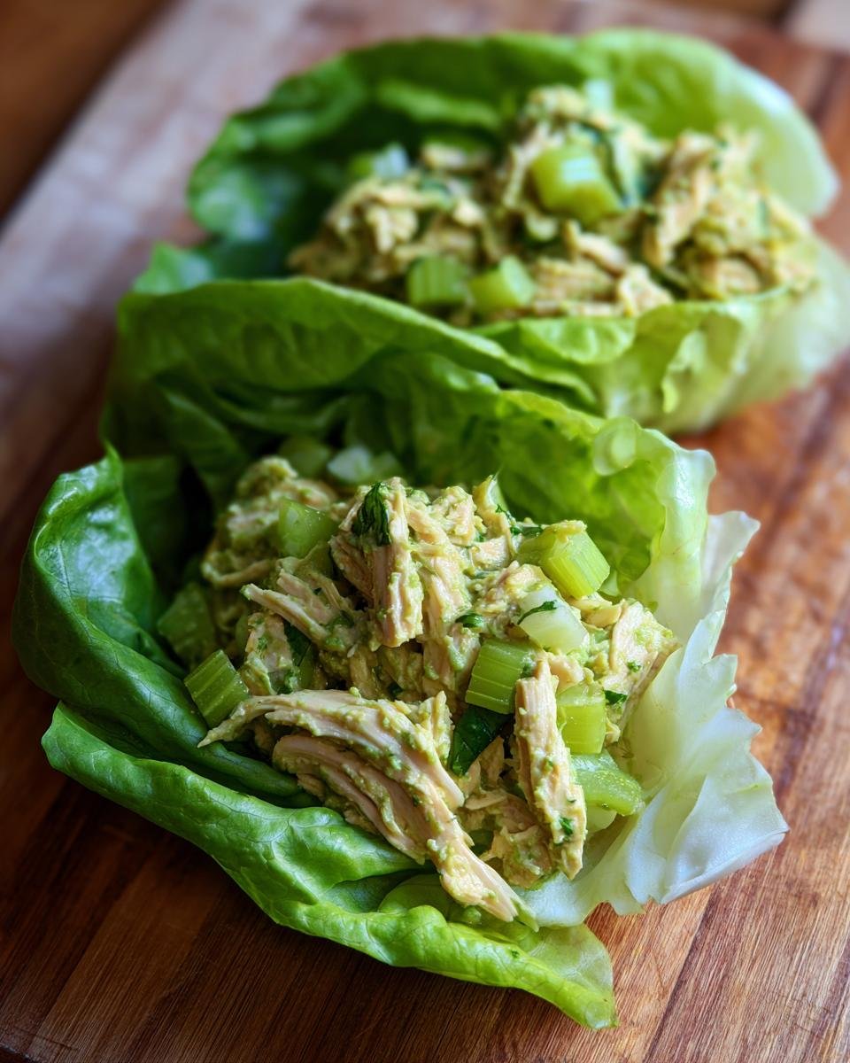 Two servings of Pesto Chicken Lettuce Wraps filled with shredded chicken and celery on a wooden board.