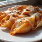 Close-up of baked Pesto Stuffed Shells With Vodka Sauce, covered in melted mozzarella cheese.