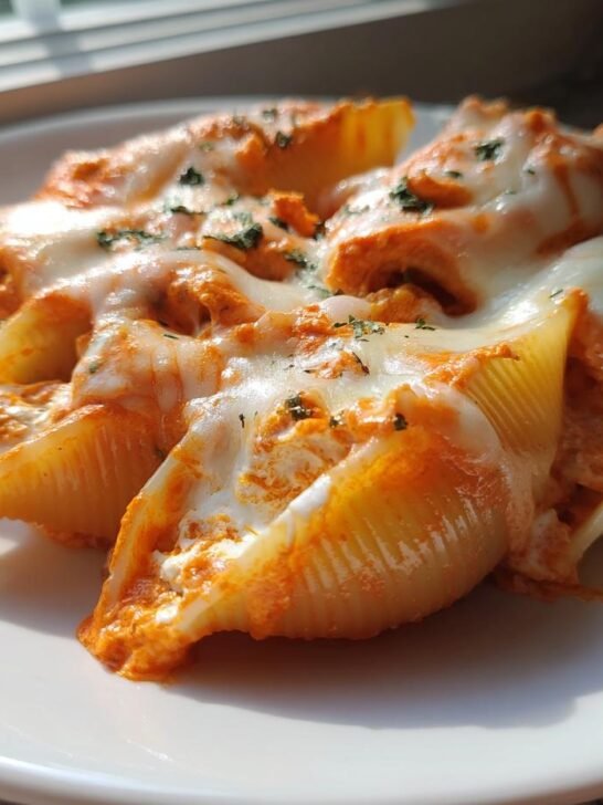 Close-up of baked Pesto Stuffed Shells With Vodka Sauce, covered in melted mozzarella cheese.