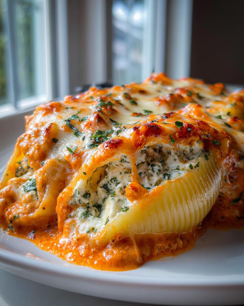 A close-up of baked Pesto Stuffed Shells With Vodka Sauce, oozing with melted cheese and creamy filling.